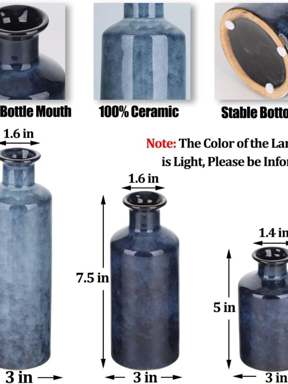 Blue Ceramic Vase Set - 3 Blue Small Vases, Farmhouse Country Flower Vase Home D - Picture 3 of 9